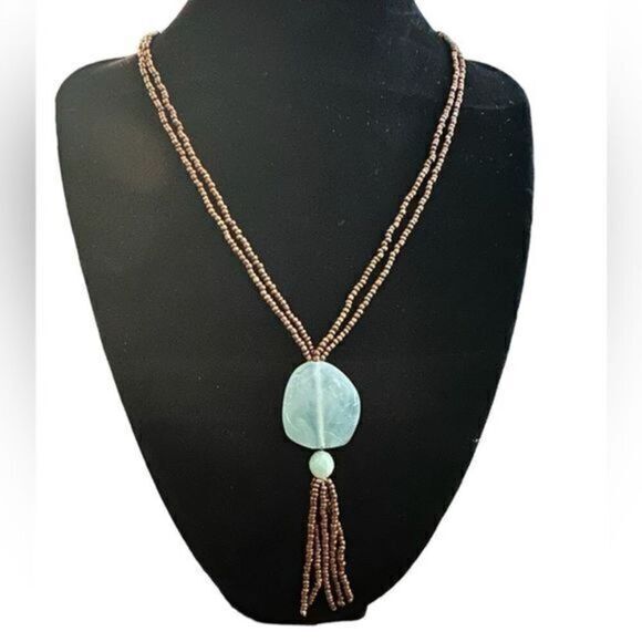 Vintage Pendant Necklace 3 Strand Brown Micro Bead with Glass Pendant- Bohemian - Picture 1 of 2